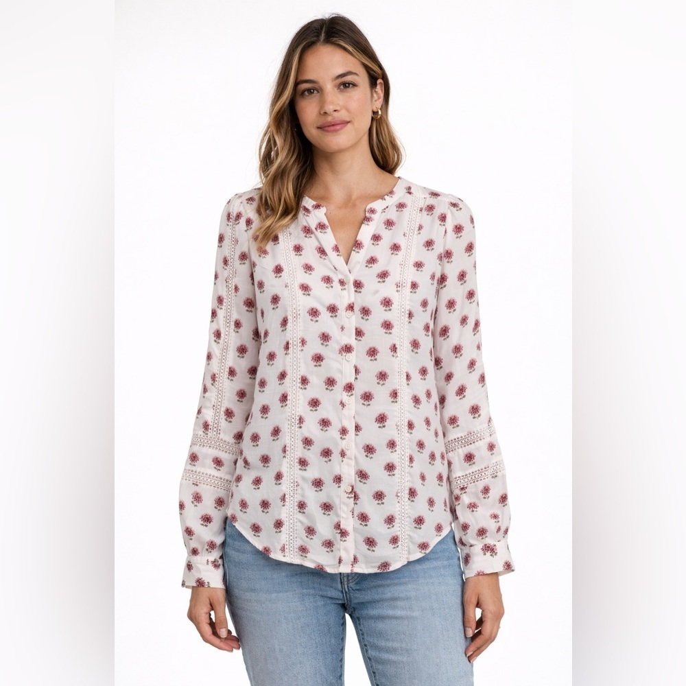 LOFT Floral V-Neck Button Down Blouse XS White Burgundy Long Sleeve Lace Detail
